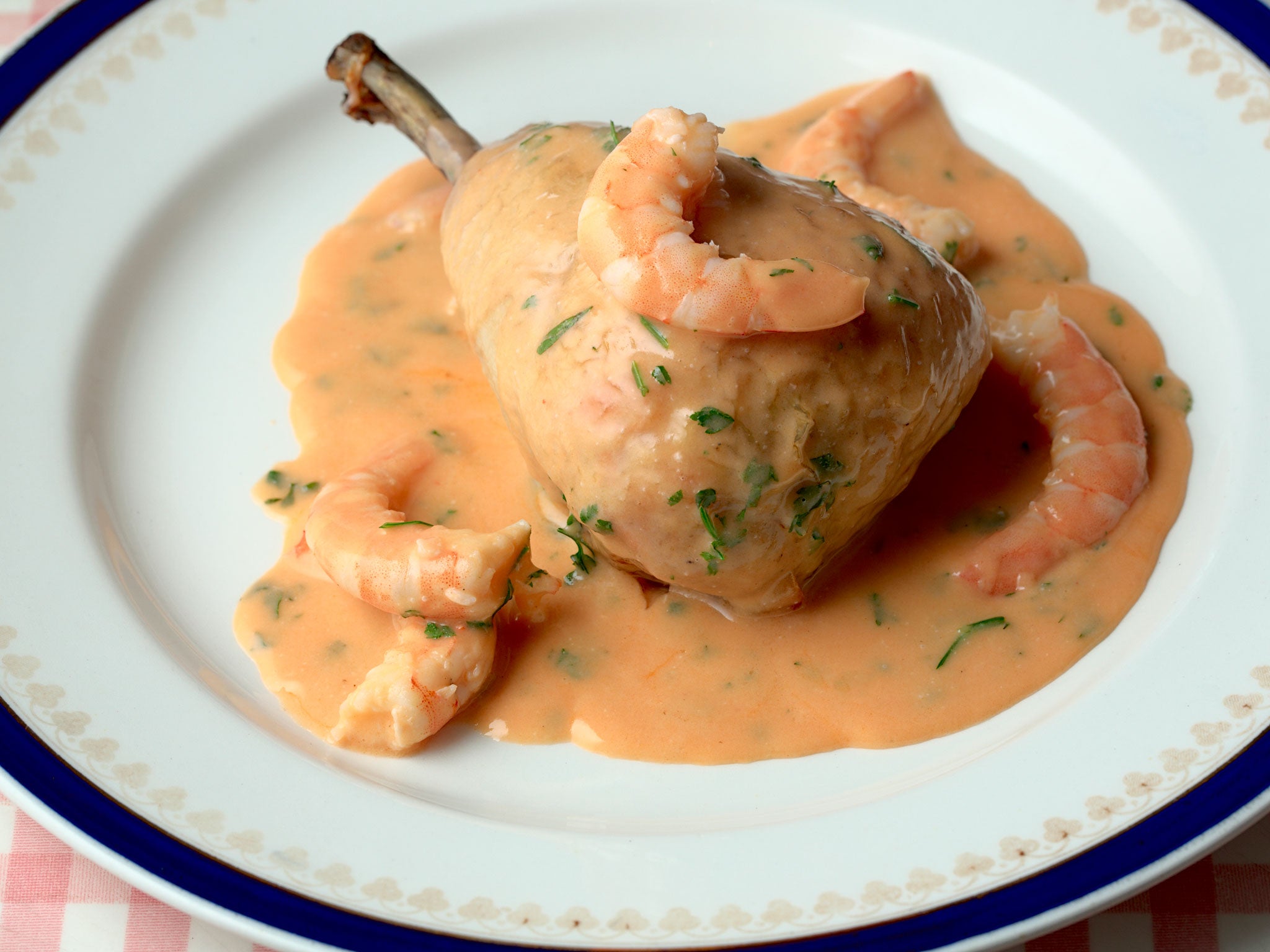 Chicken stuffed with prawns: serve with some lightly cooked young spinach, or sea vegetables