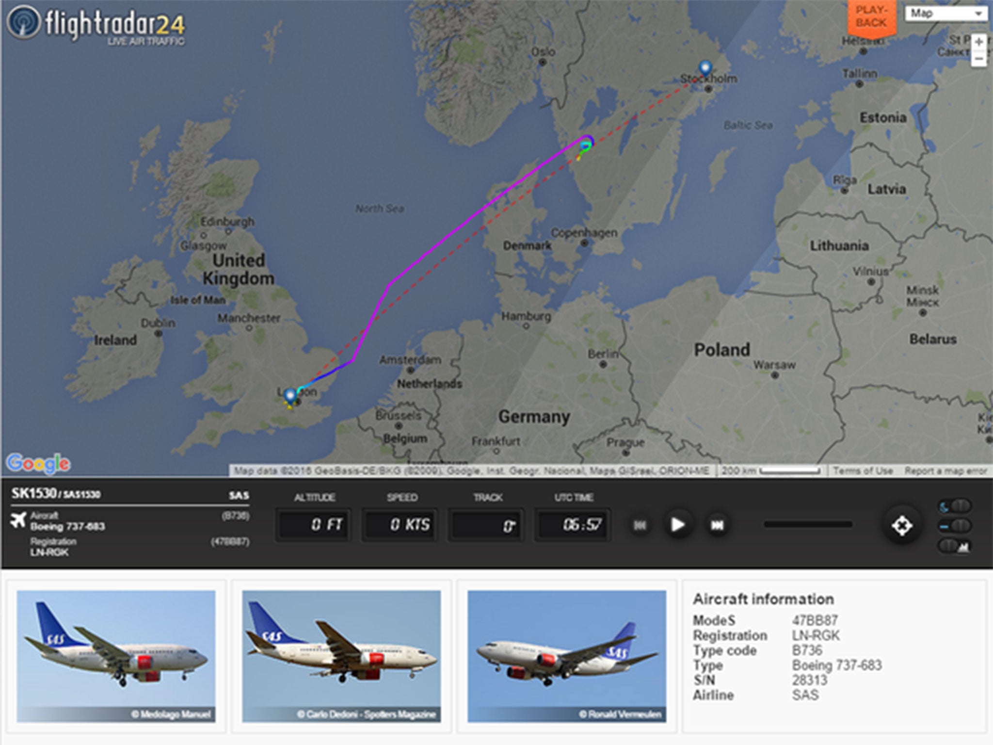 Flightradar24 data showed the plane diverting over Sweden