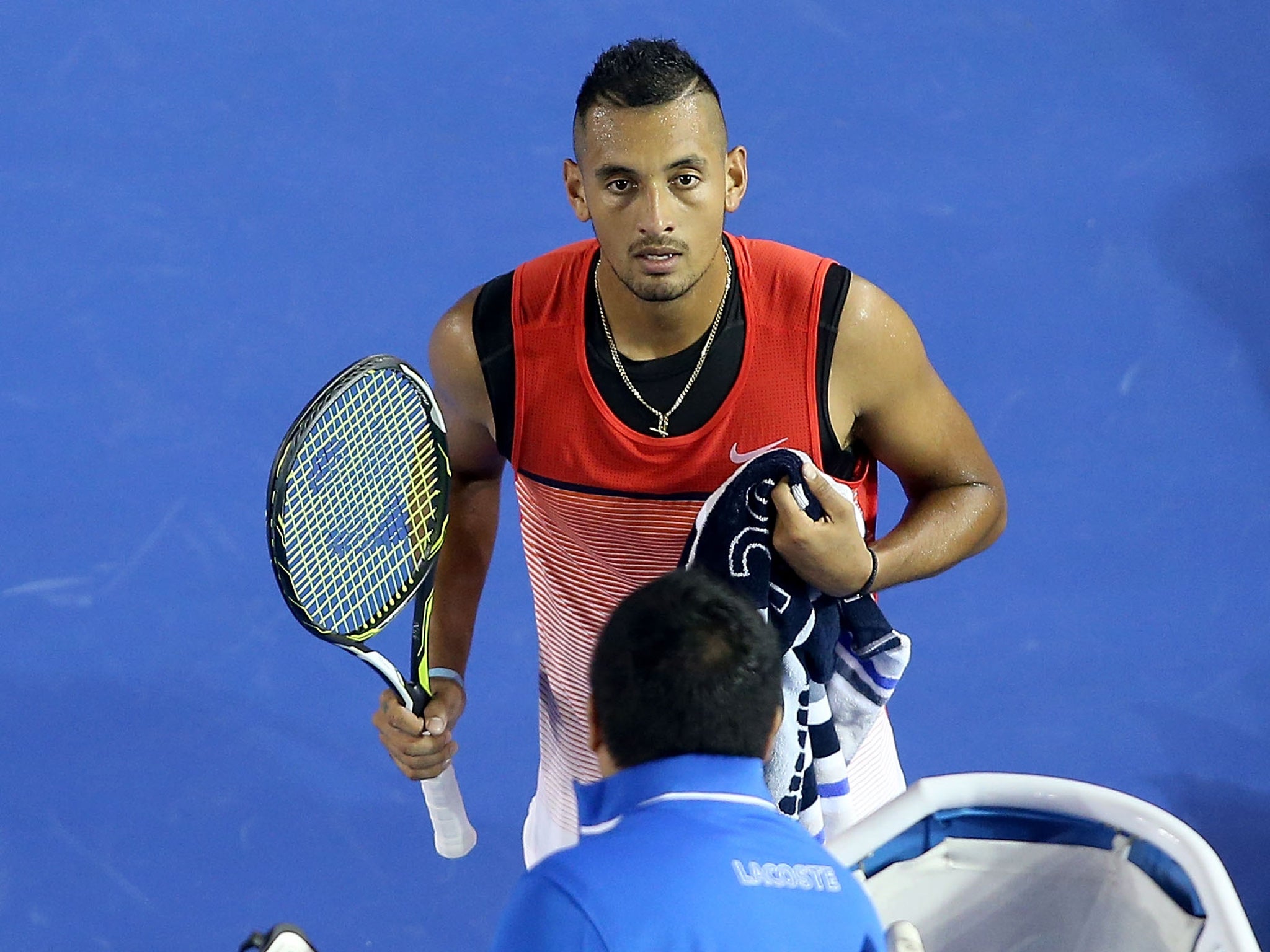 Nick Kyrgios protests to umpire James Keothavong