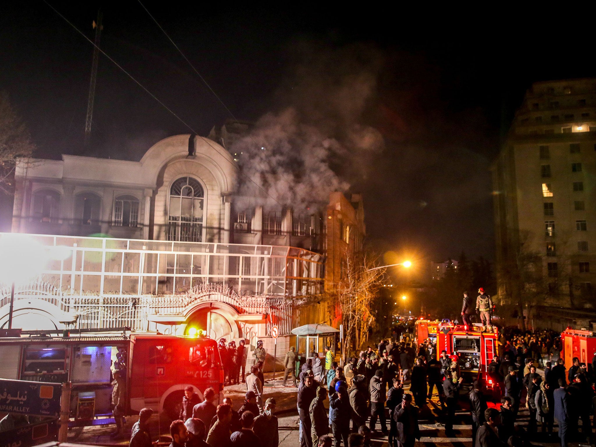 Iranian protesters set fire to the Saudi Embassy in Tehran during a demonstration against the execution of prominent Shiite Muslim cleric Nimr al-Nimr by Saudi authorities, on 2 January, 2016