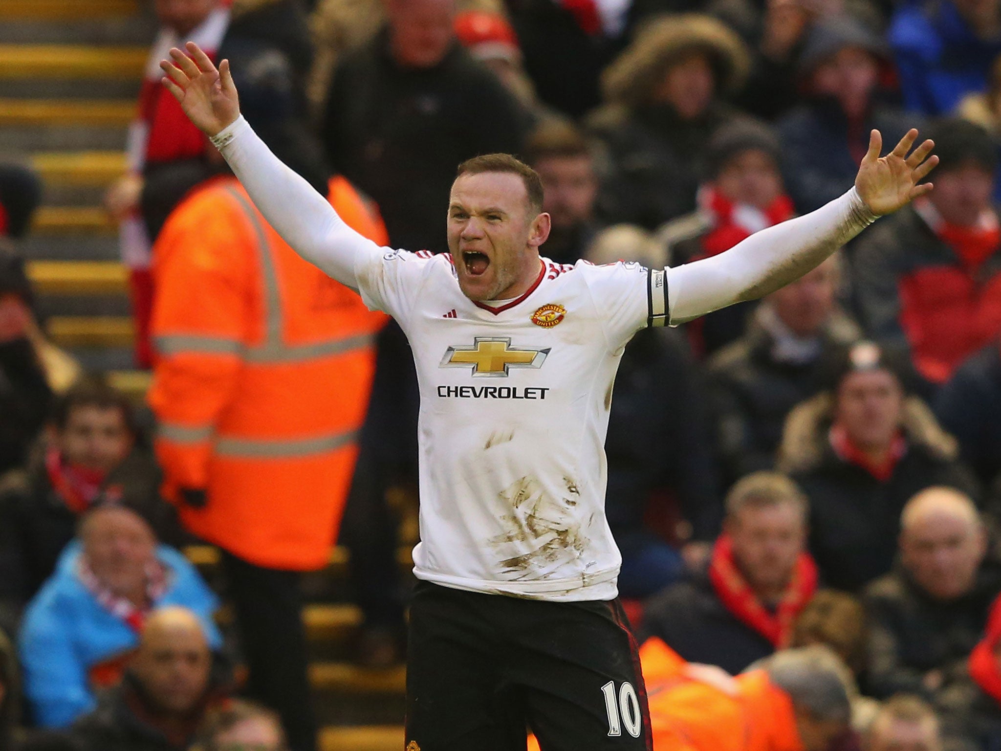 Wayne Rooney celebrates scoring for Manchester United against Liverpool