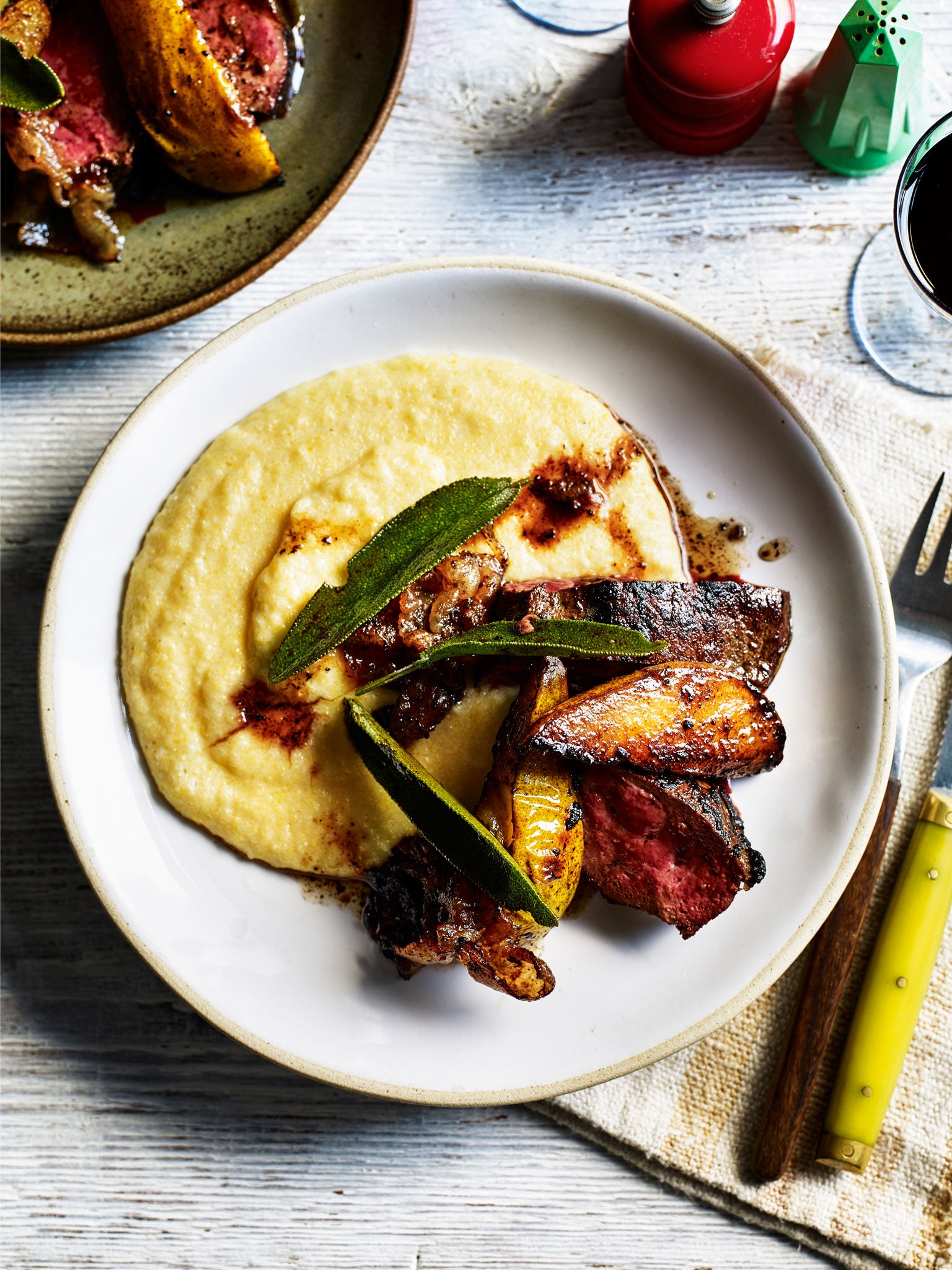 Calves’ liver with Gorgonzola polenta and roast pear