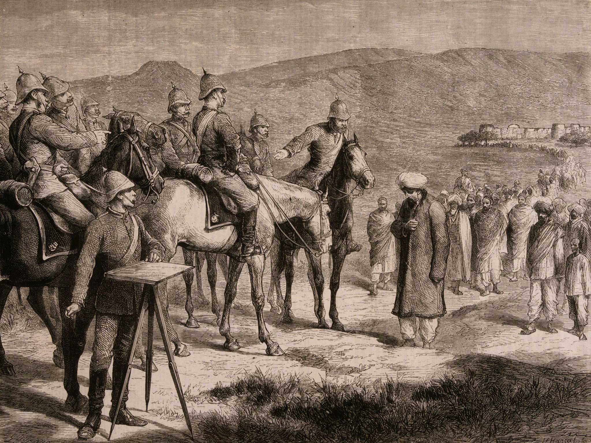 The Governor of Pesh-Bolak Ali Muhammad surrenders to General MacPhearson during the period of British Empire rule in India.