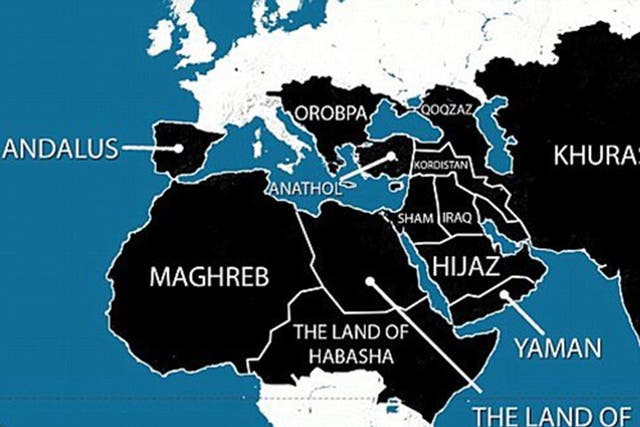 This map, showing the areas Isis plans to have under its control by 2020, was widely shared in 2014