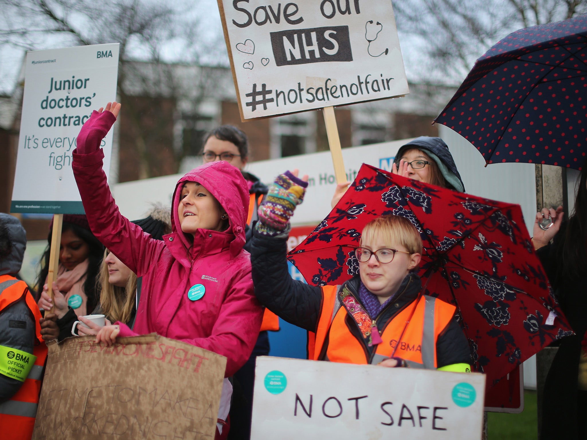 Junior Doctors and supporters picket outside Sandwell General Hospital in West Bromwich as they and other doctors stage a 24-hour strike across the NHS