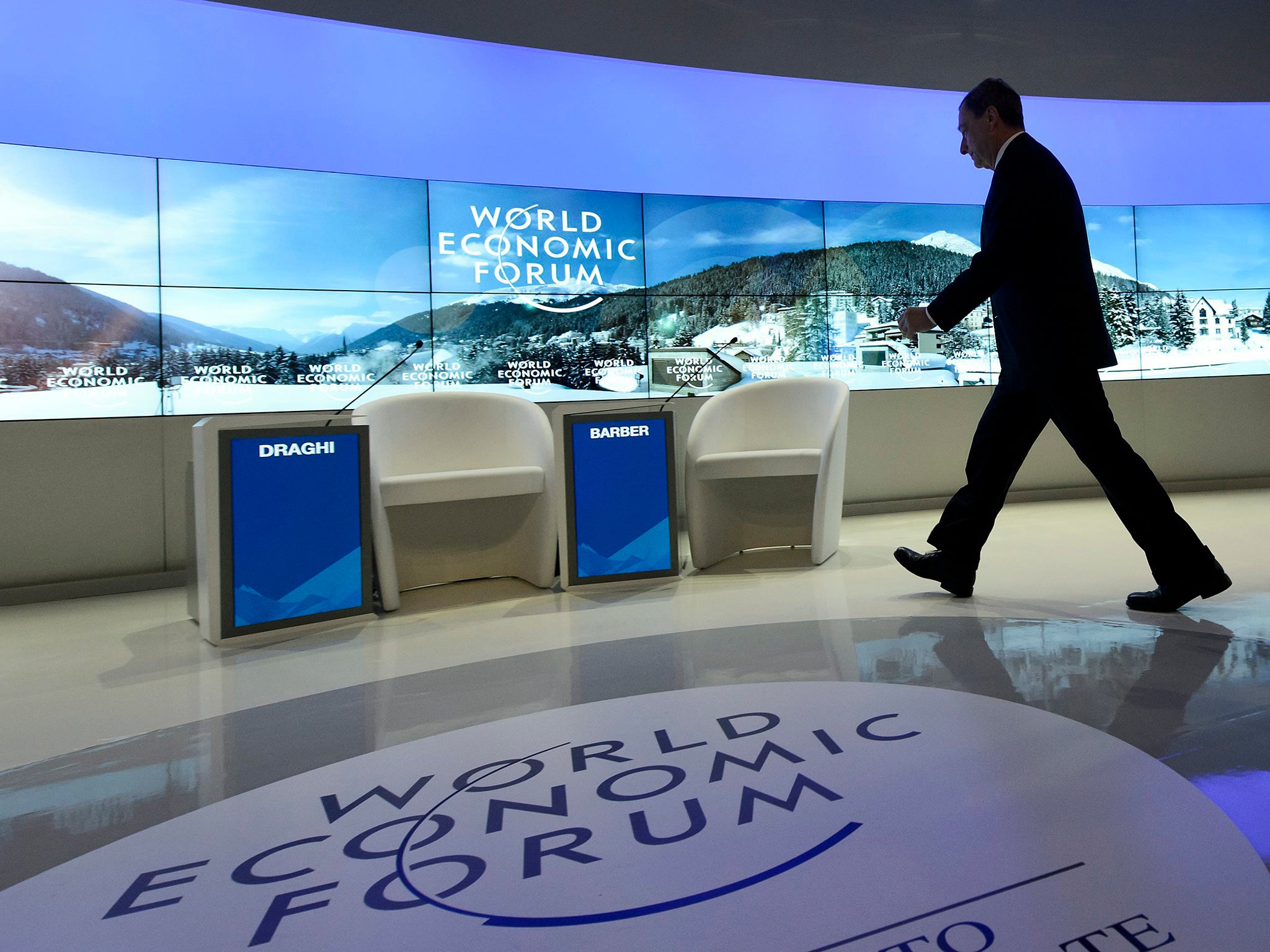 Mario Draghi, President, European Central Bank, arrives during a panel session at the 46th Annual Meeting of the World Economic Forum, WEF, in Davos, Switzerland