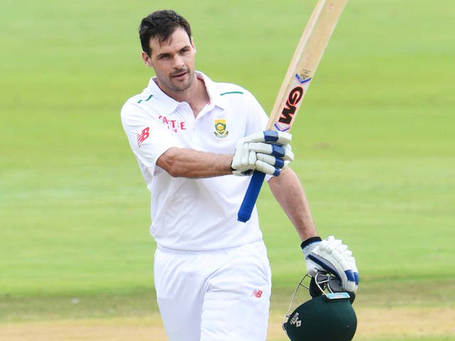 South Africa's Stephen Cook celebrates his century during the fourth cricket test match against England in Centurion, South Africa
