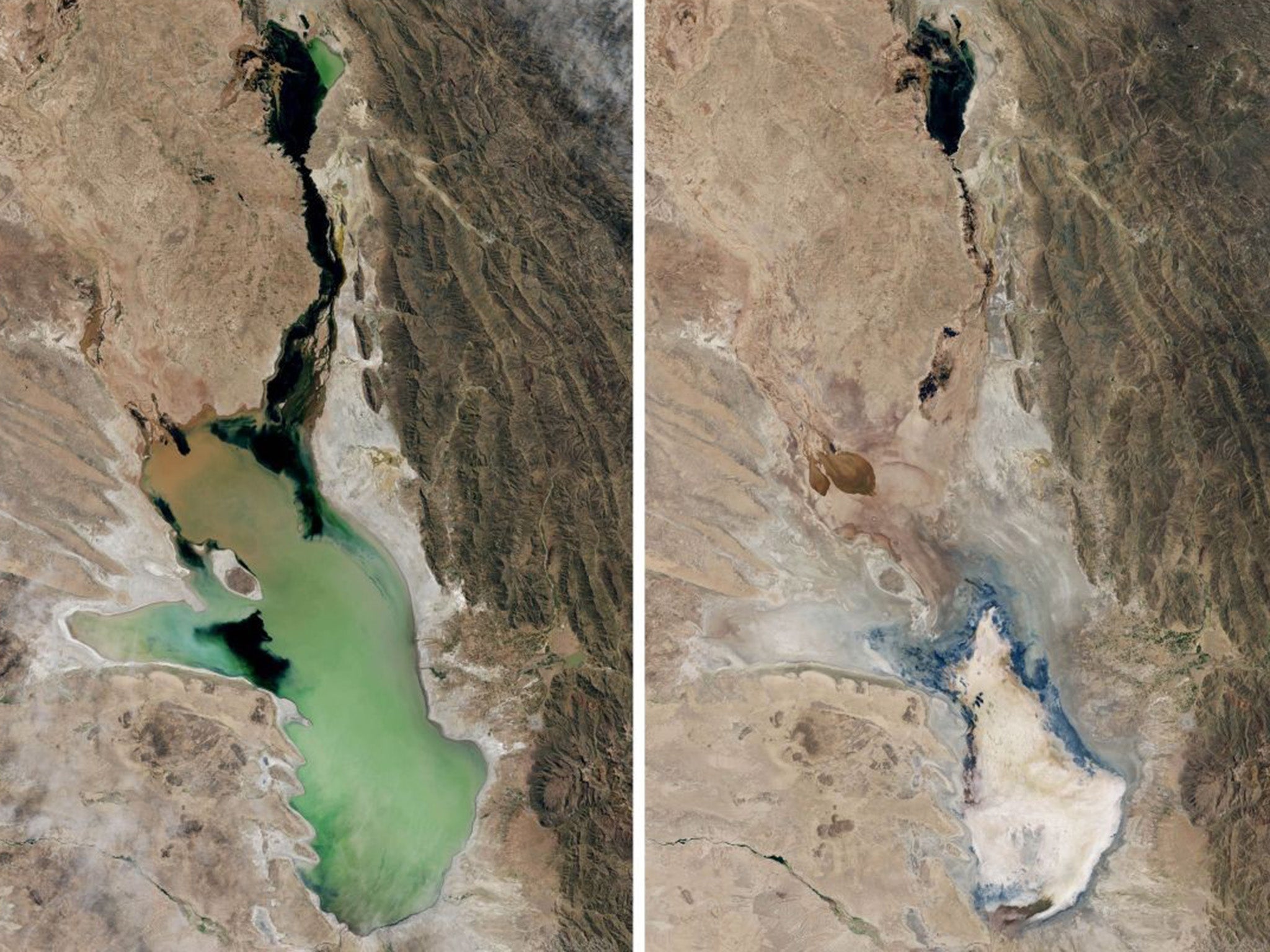 Satellite images show how much the waters around Lake Poopo have receded in just three years