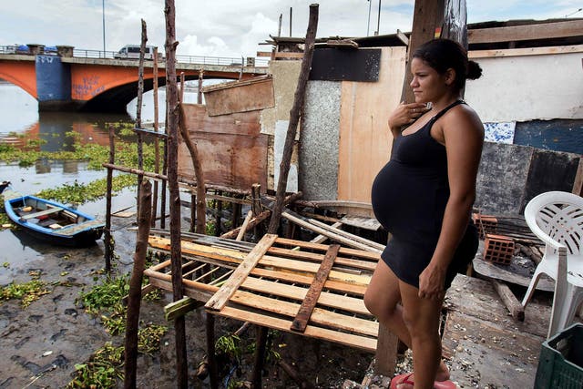 A pregnant woman stands at her house in a zone of the shanty town of Beco do Sururu in Brazil