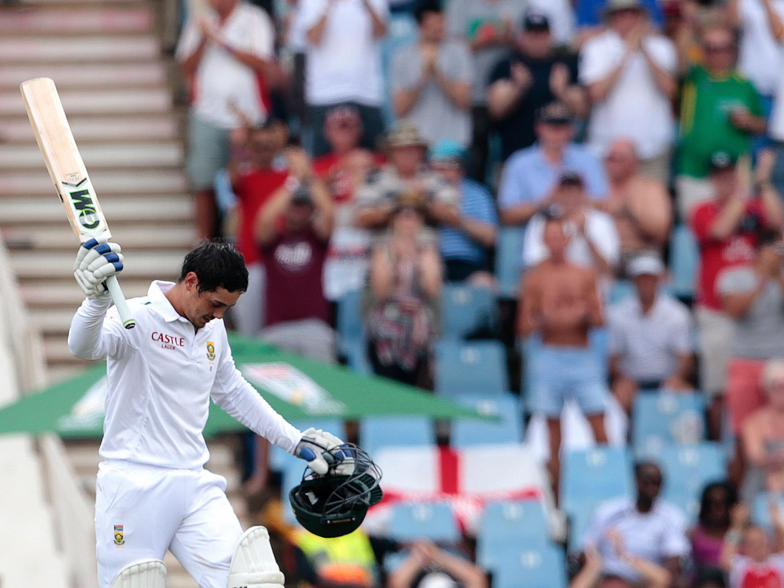 &#13;
Quinton de Kock celebrates his century&#13;