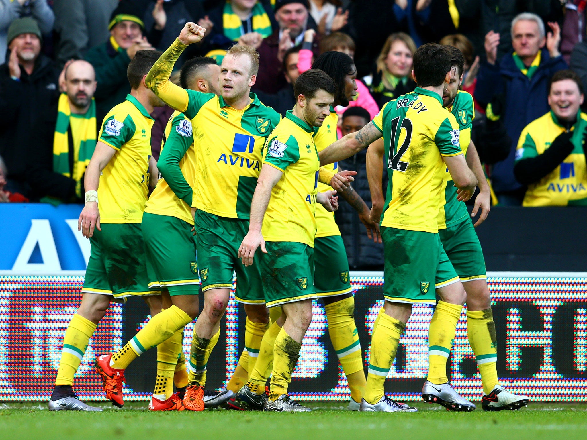 Steven Naismith celebrates scoring Norwich's second goal on his debut