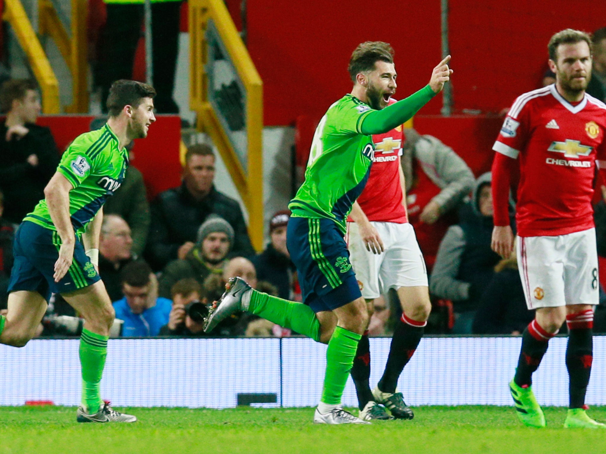 Charlie Austin celebrates scoring the winning goal on his Southampton debut against Manchester United
