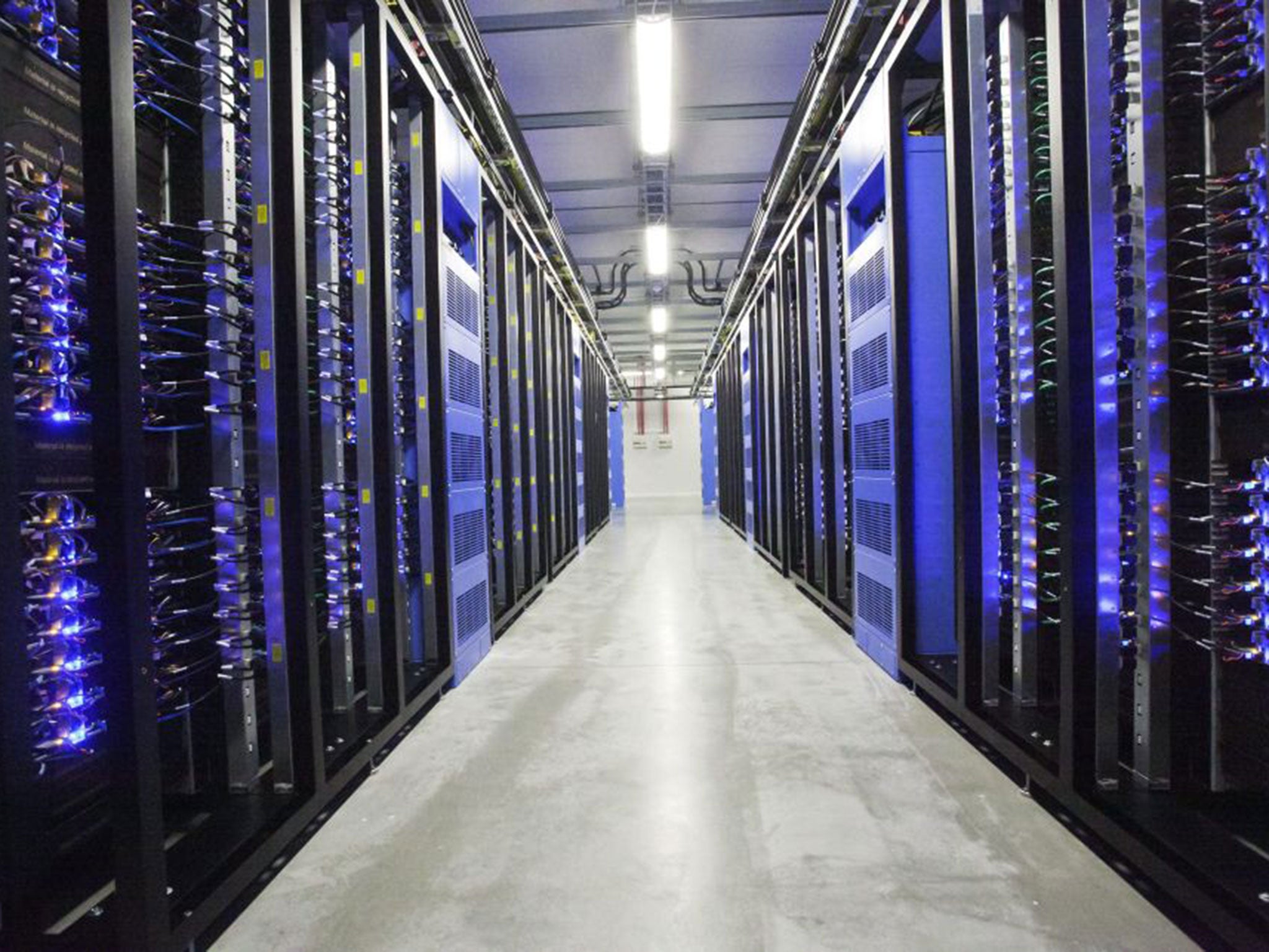 The Facebook server hall in the city of Lulea, Sweden. Data centres now consume about 3 per cent of the global electricity supply