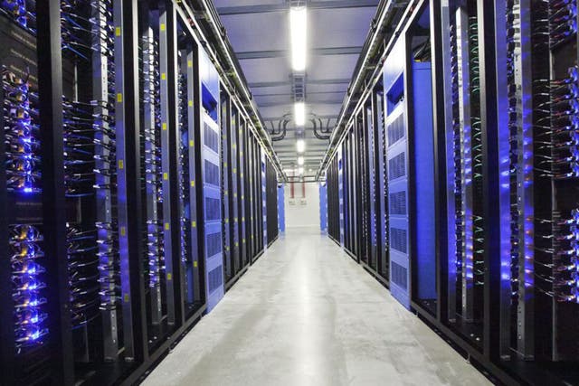 The Facebook server hall in the city of Lulea, Sweden. Data centres now consume about 3 per cent of the global electricity supply