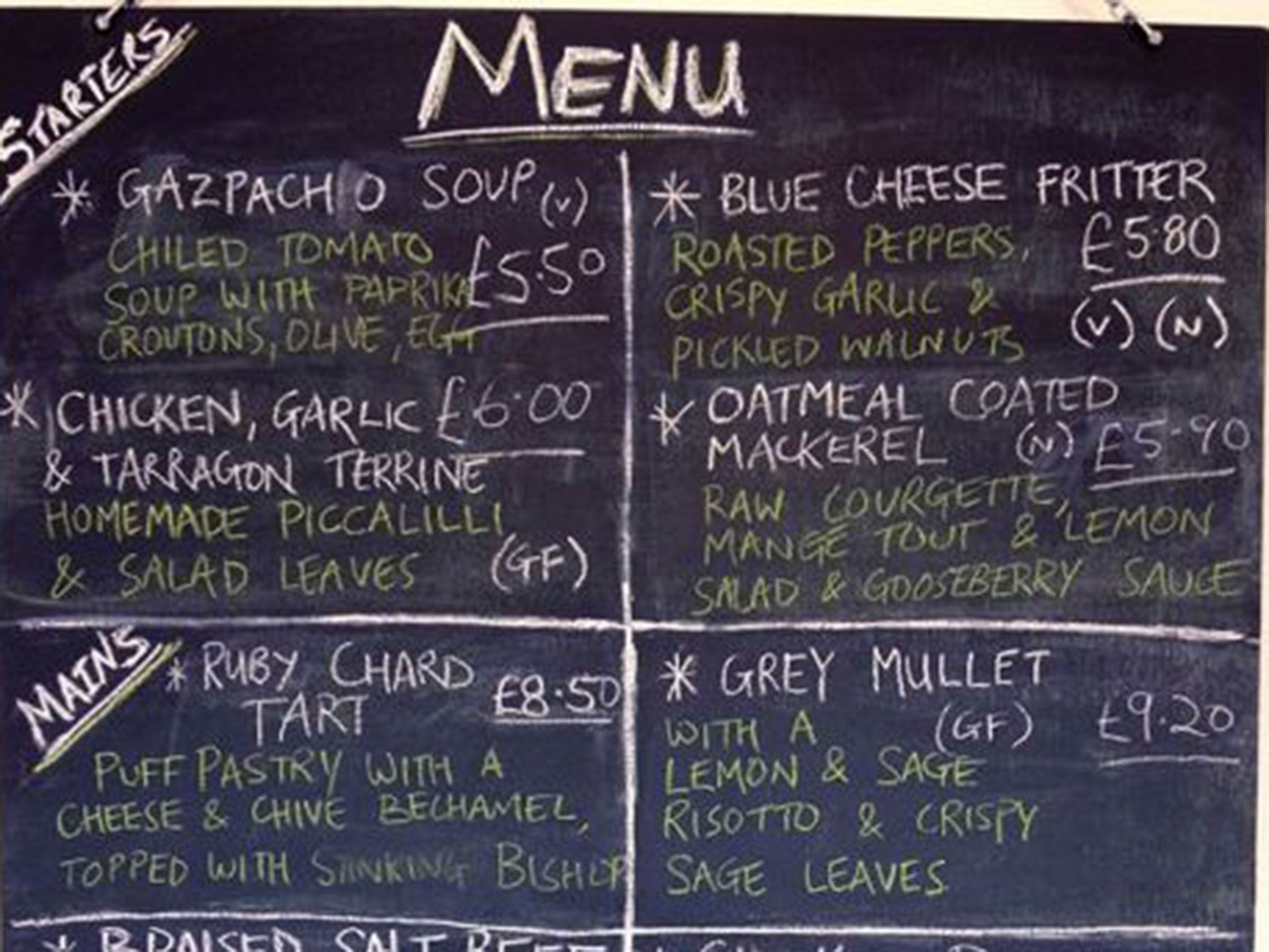 A Star Bistro menu in Cheltenham