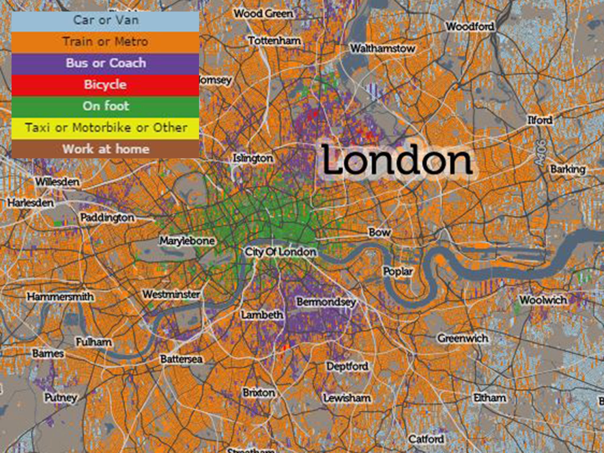 The map shows how residents from different areas of London travel to work