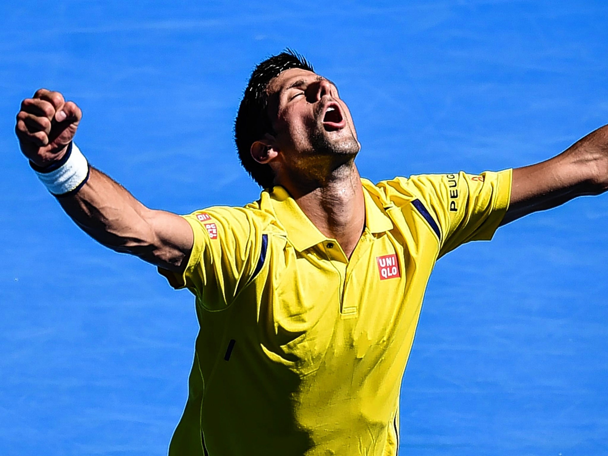 Novak Djokovic reacts with undisguised relief to his five-set victory over Gilles Simon in Melbourne
