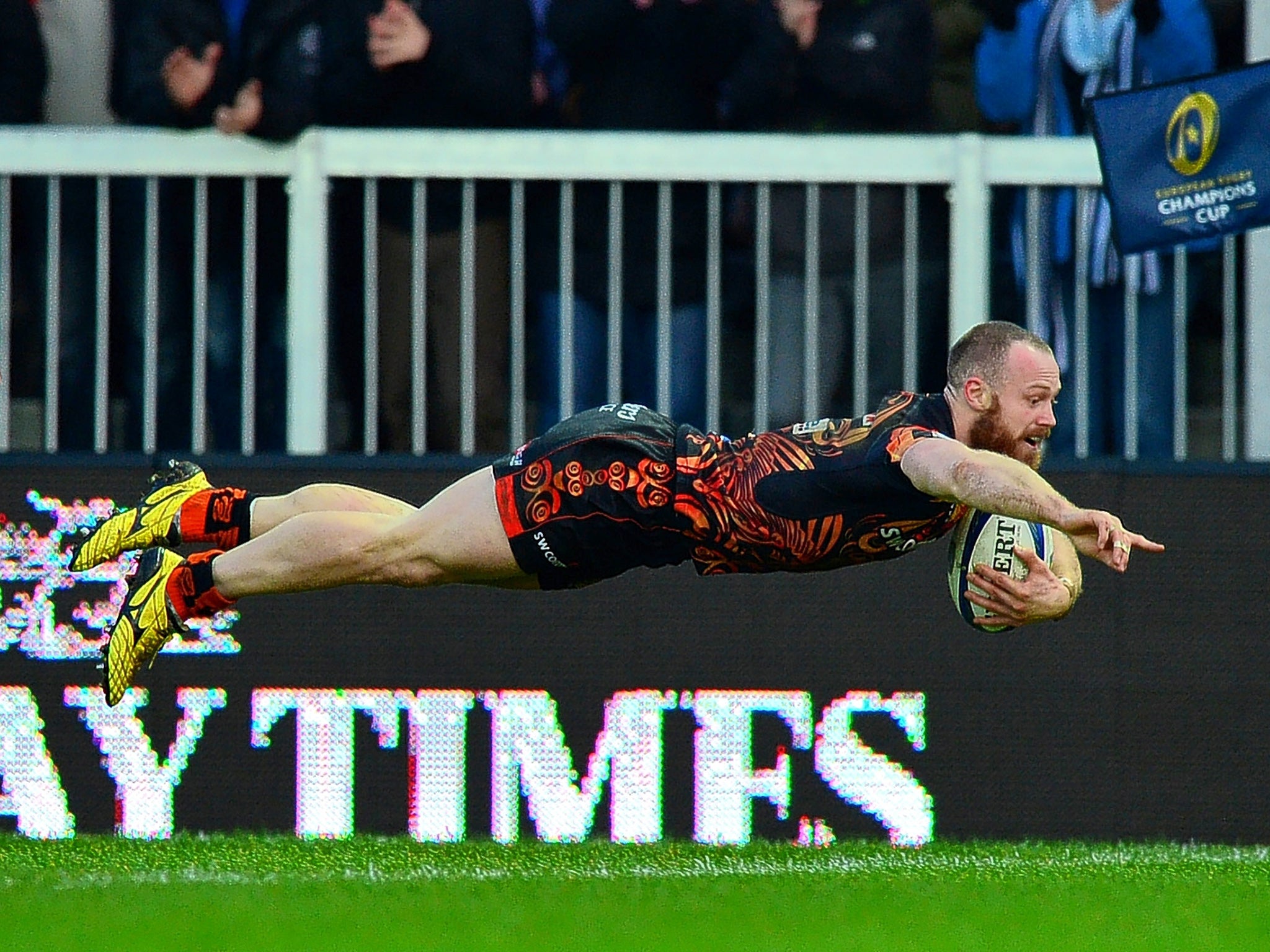 James Short of Exeter Chiefs dives over to score his side’s third try against Ospreys