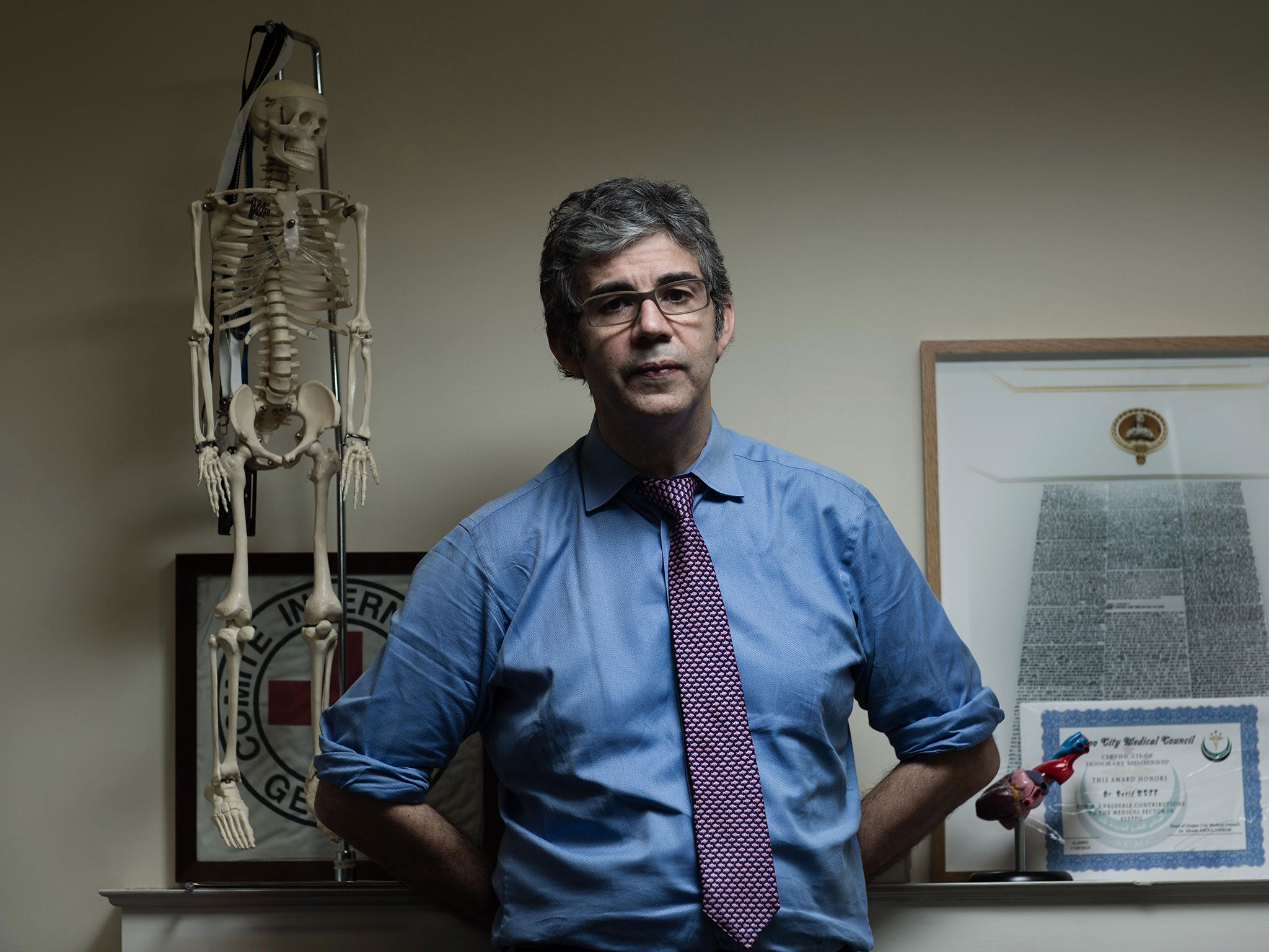Dr David Nott at his offices; he is calling for a no-bombing zone in Syria protected by the international community