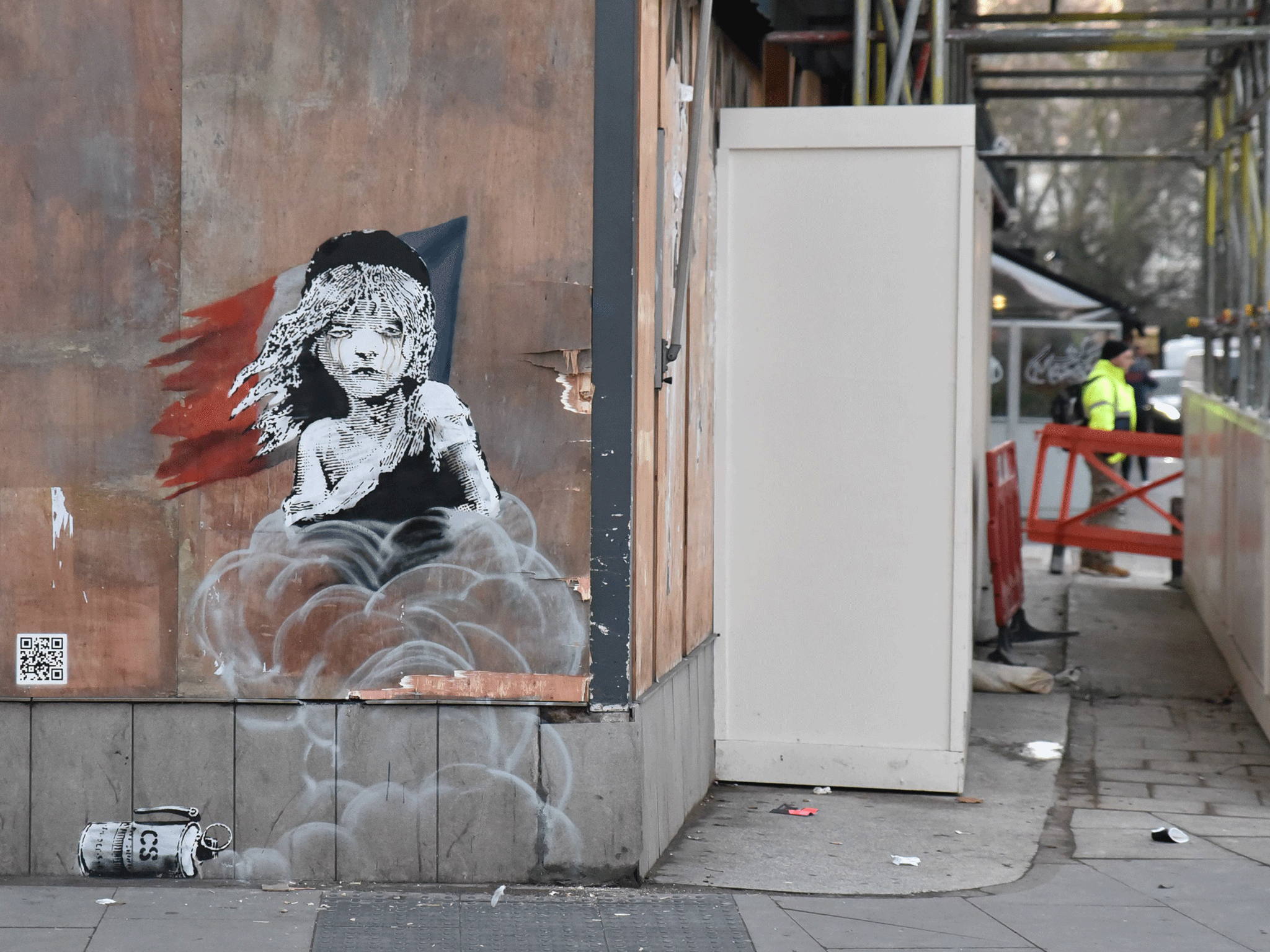 A new Banksy graffiti has appeared opposite French Embassy as a protest over the use of CS gas against refugees