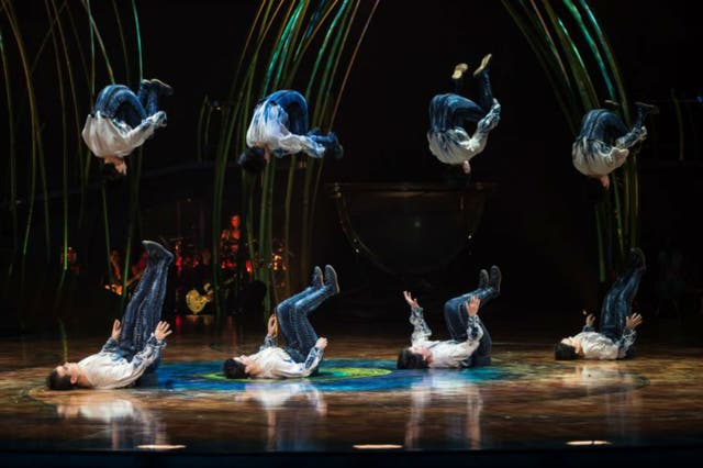 &#13;
Acrobats in the final scene of Cirque du Soleil's 'Amaluna' at London's Royal Albert Hall &#13;