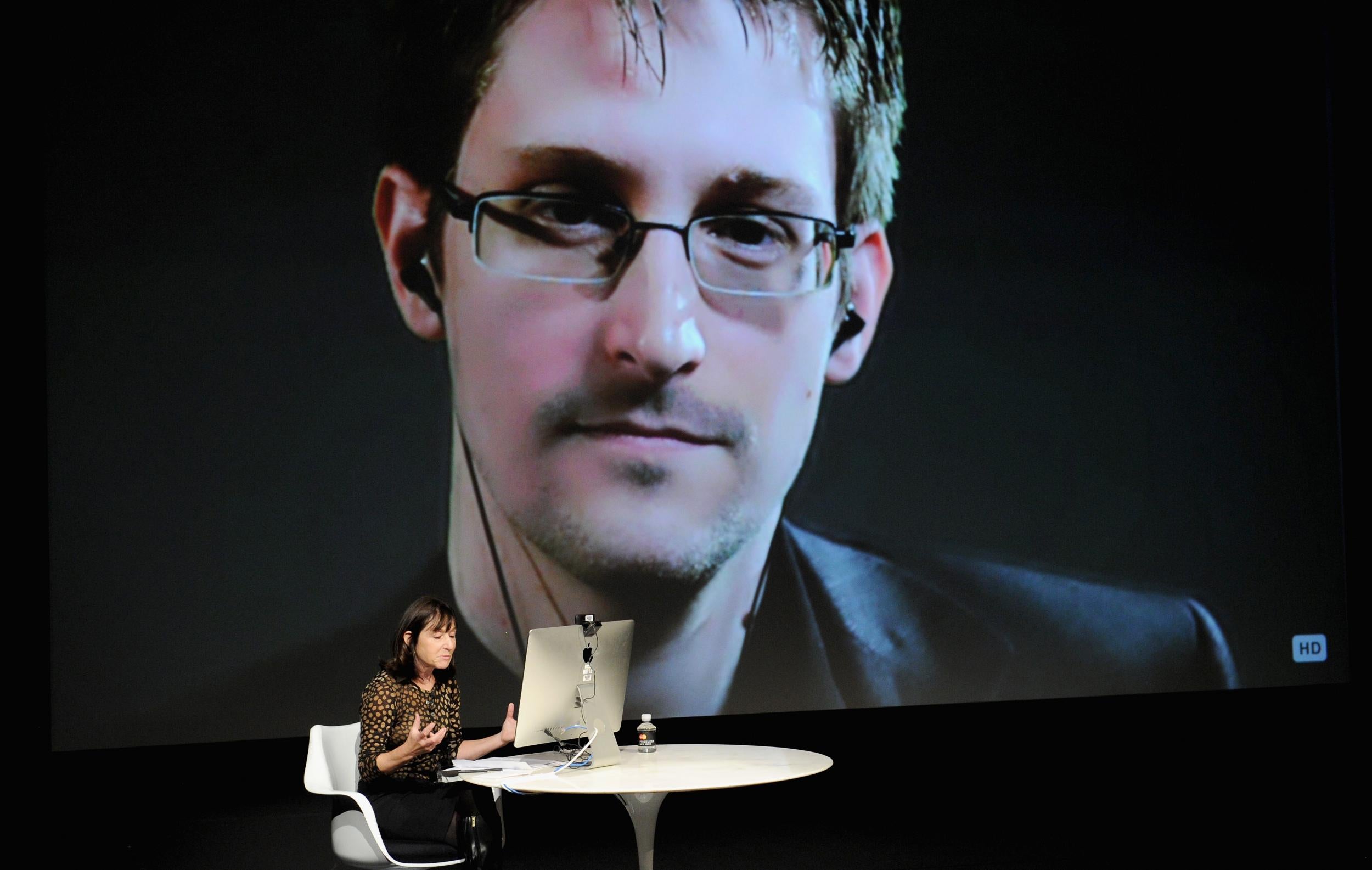 Edward Snowden is interviewed by Jane Mayer during The New Yorker Festival in 2014