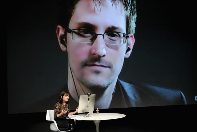 Edward Snowden is interviewed by Jane Mayer during The New Yorker Festival in 2014
