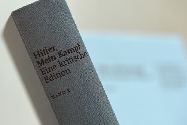Adolf Hitler's book "Mein Kampf" prior to a press conference for its presentation in Munich, southern Germany.