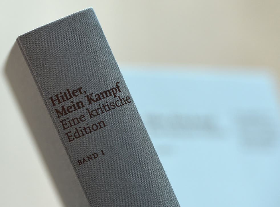 Adolf Hitler's book "Mein Kampf" prior to a press conference for its presentation in Munich, southern Germany.