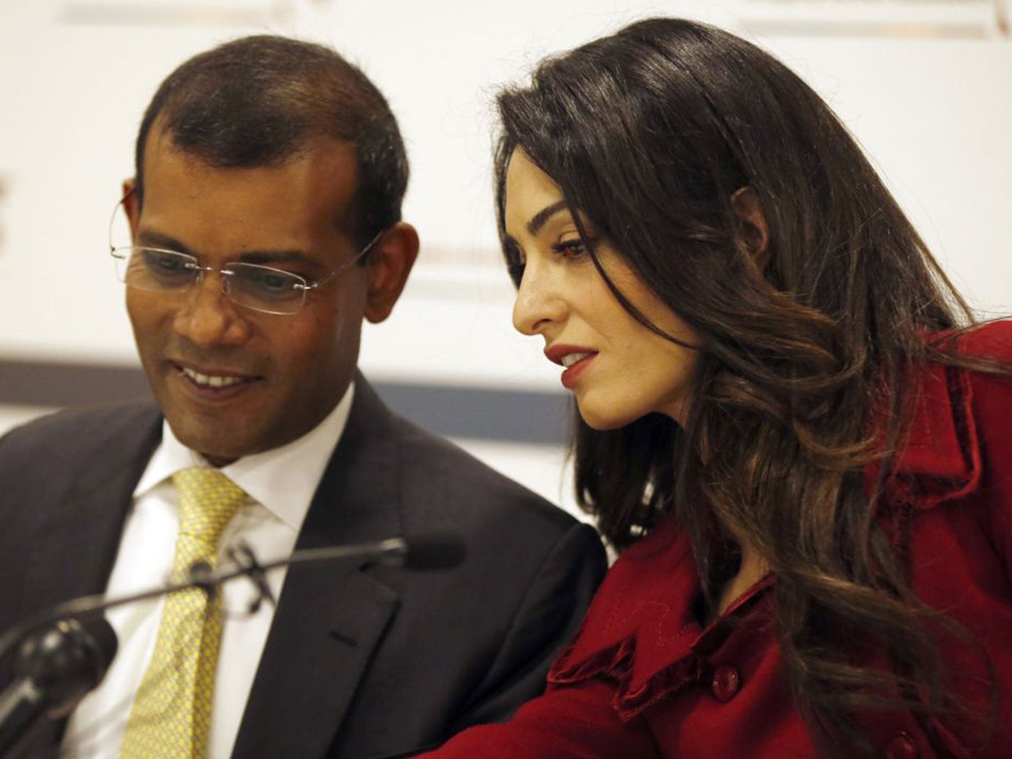 Mohamed Nasheed, the jailed former President of the Maldives, pictured with his lawyer Amal Clooney, vows to return to fight for democracy