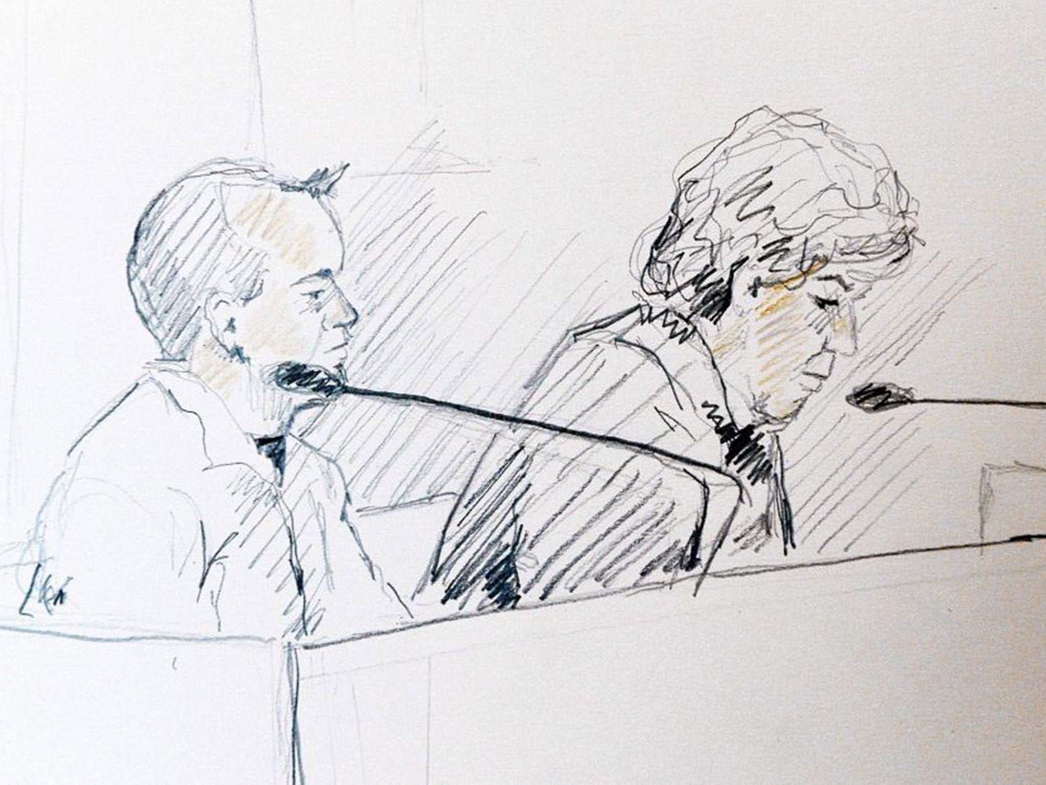 A courtroom sketch of Trenneborg (left) and his lawyer