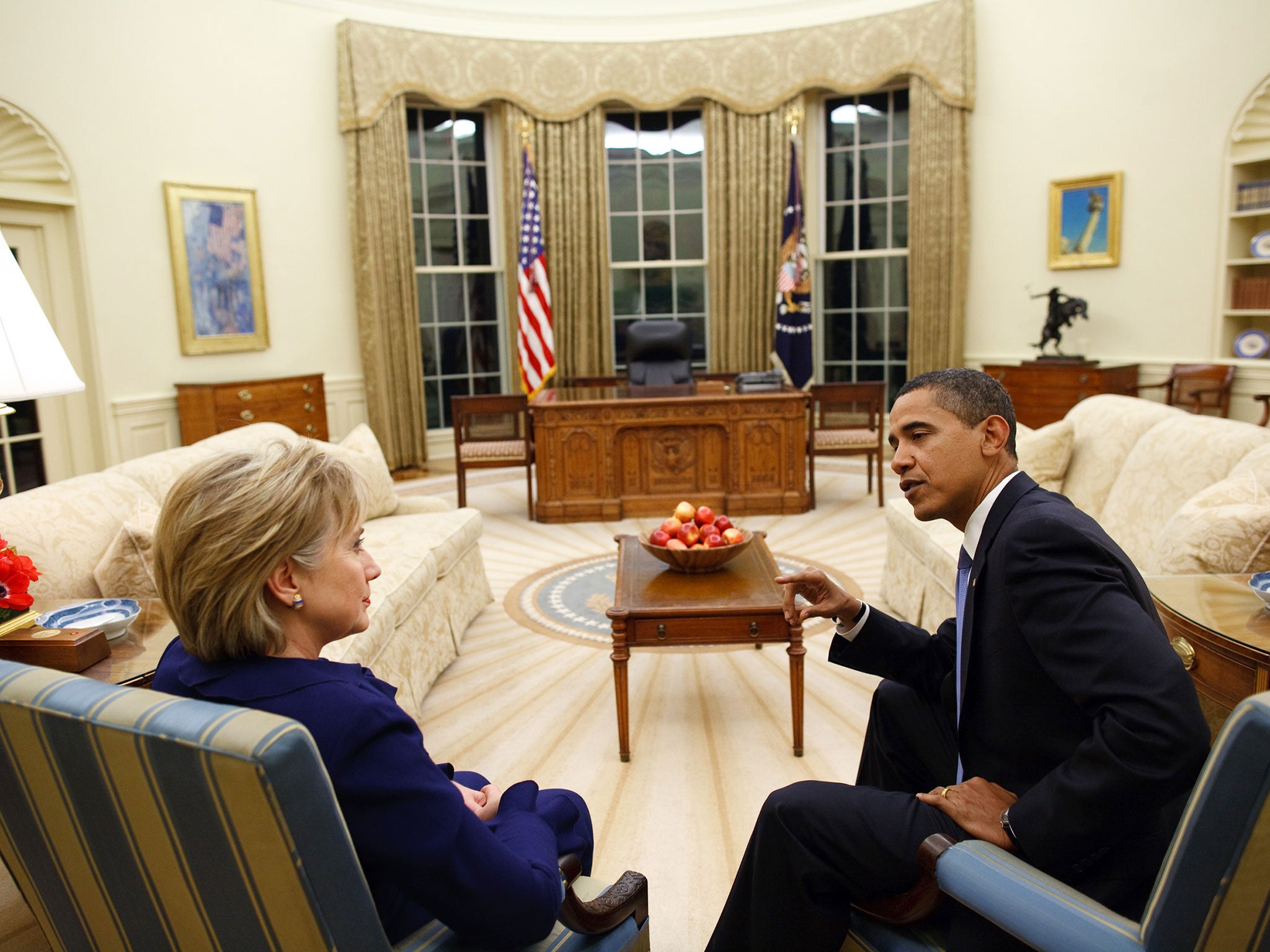 President Barack Obama meets with Secretary of State Hillary Clinton in the Oval Office shortly after she was confirmed and sworn in, in 2009