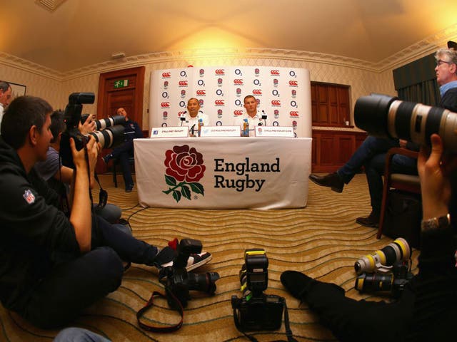 The new England captain, Dylan Hartley, right, and head coach, Eddie Jones, face the press at Pennyhill Park on Monday