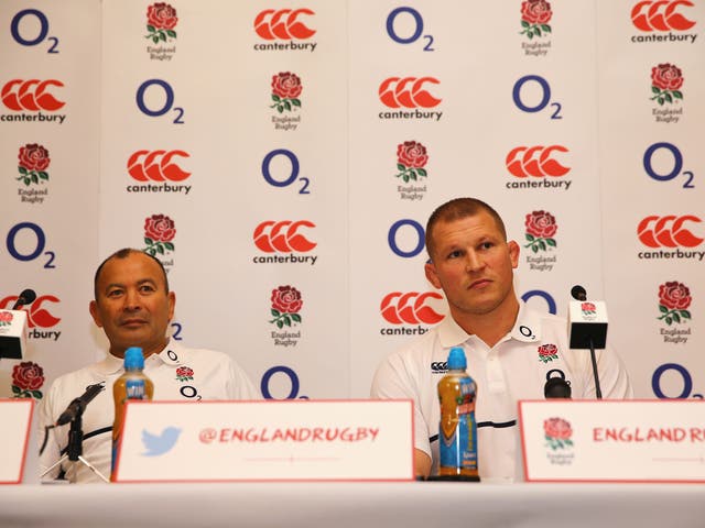 Newly appointed England captain Dylan Hartley, right, and head coach Eddie Jones give a press conference on Monday