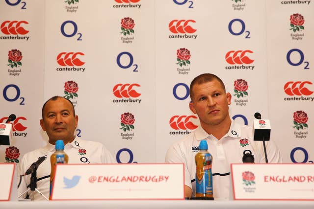 Newly appointed England captain Dylan Hartley, right, and head coach Eddie Jones give a press conference on Monday
