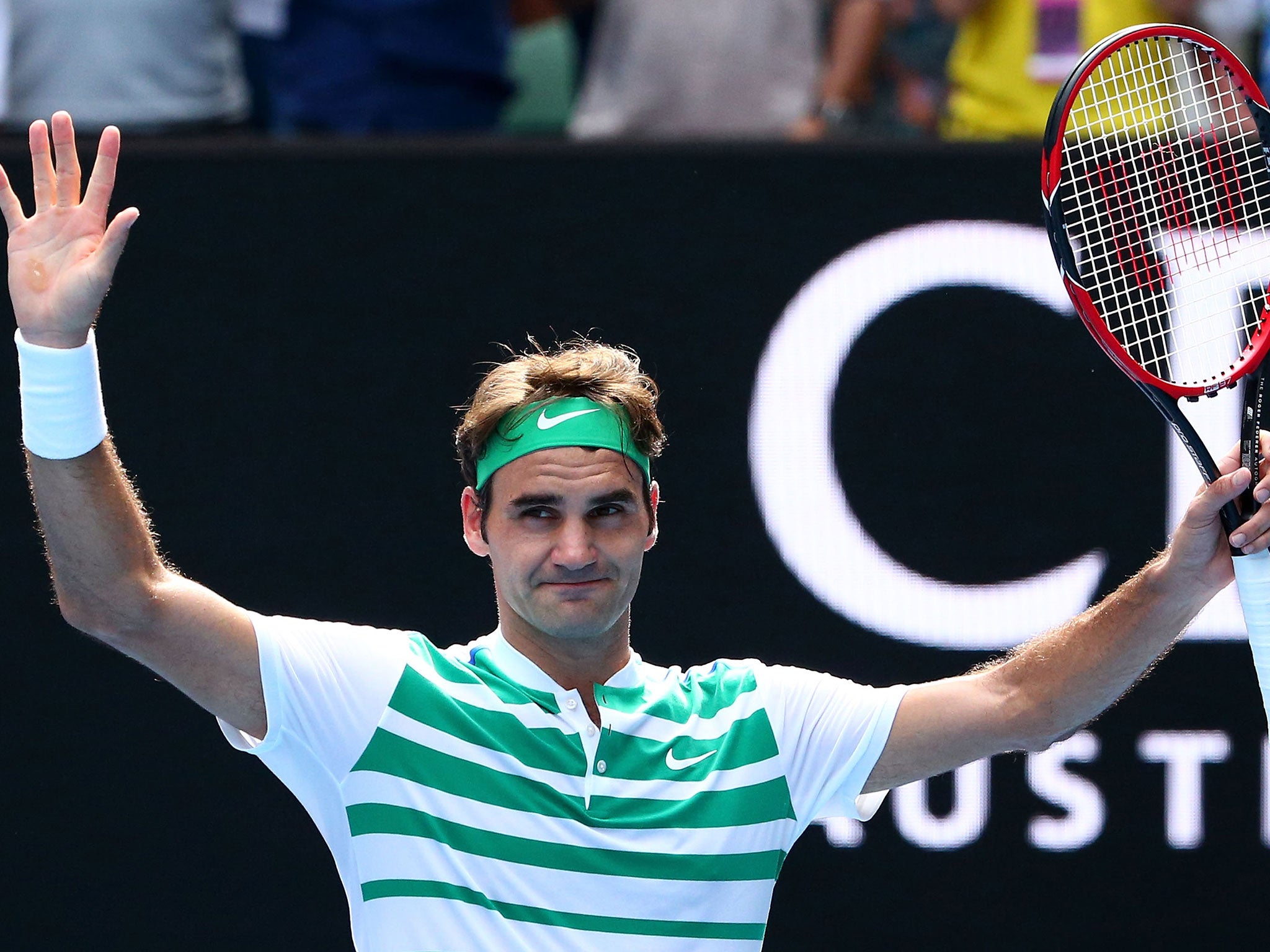 Roger Federer celebrates his quarter-final victory over Tomas Berdych