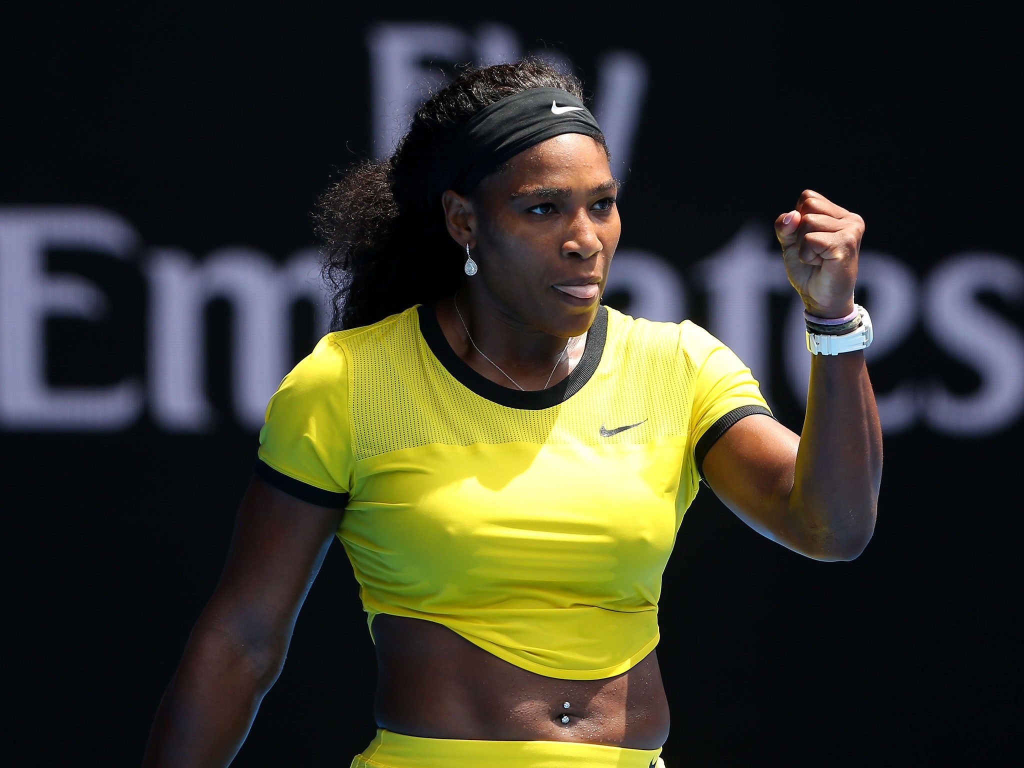 Serena Williams celebrates her quarter-final victory over Maria Sharapova at the Australian Open
