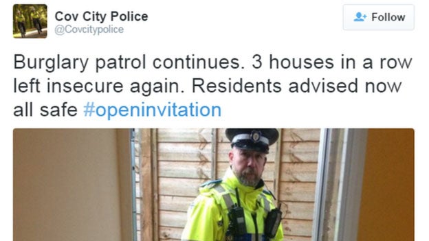 A screenshot from Coventry City police's twitter feed showing an officer in an unlocked home