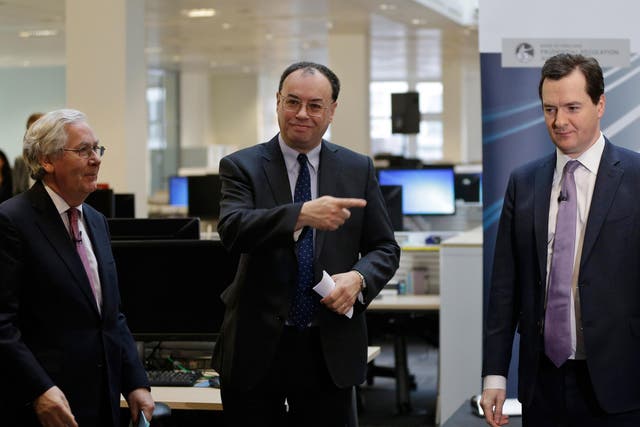 Andrew Bailey, center, the new chief executive of the FCA, points to the exit next to the Chancellor of the Exchequer George Osborne and the Governor of the Bank of England Mervyn King during the opening of the PRA 