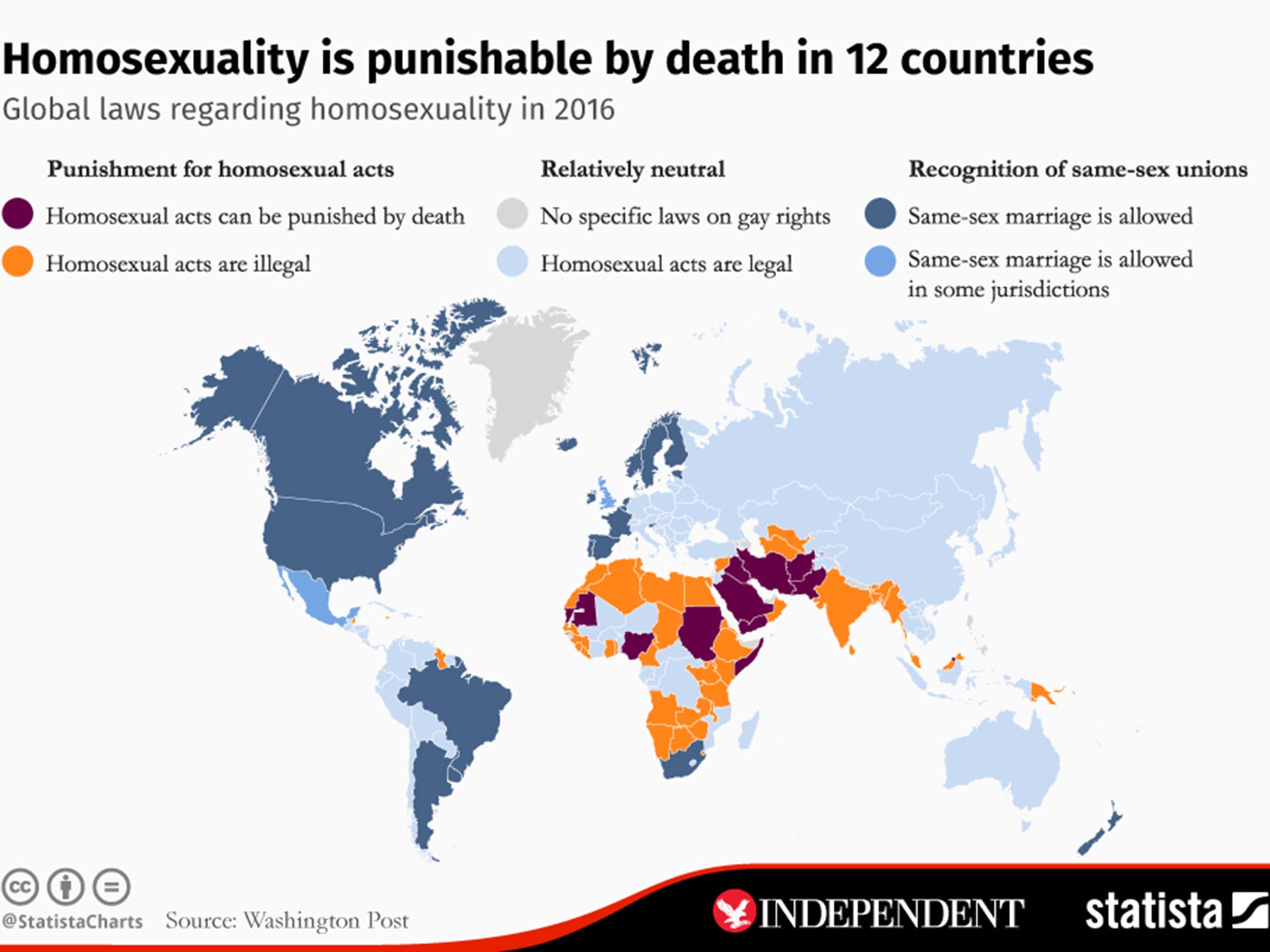 Graph demonstrates the areas in the world where homosexuality remains illegal