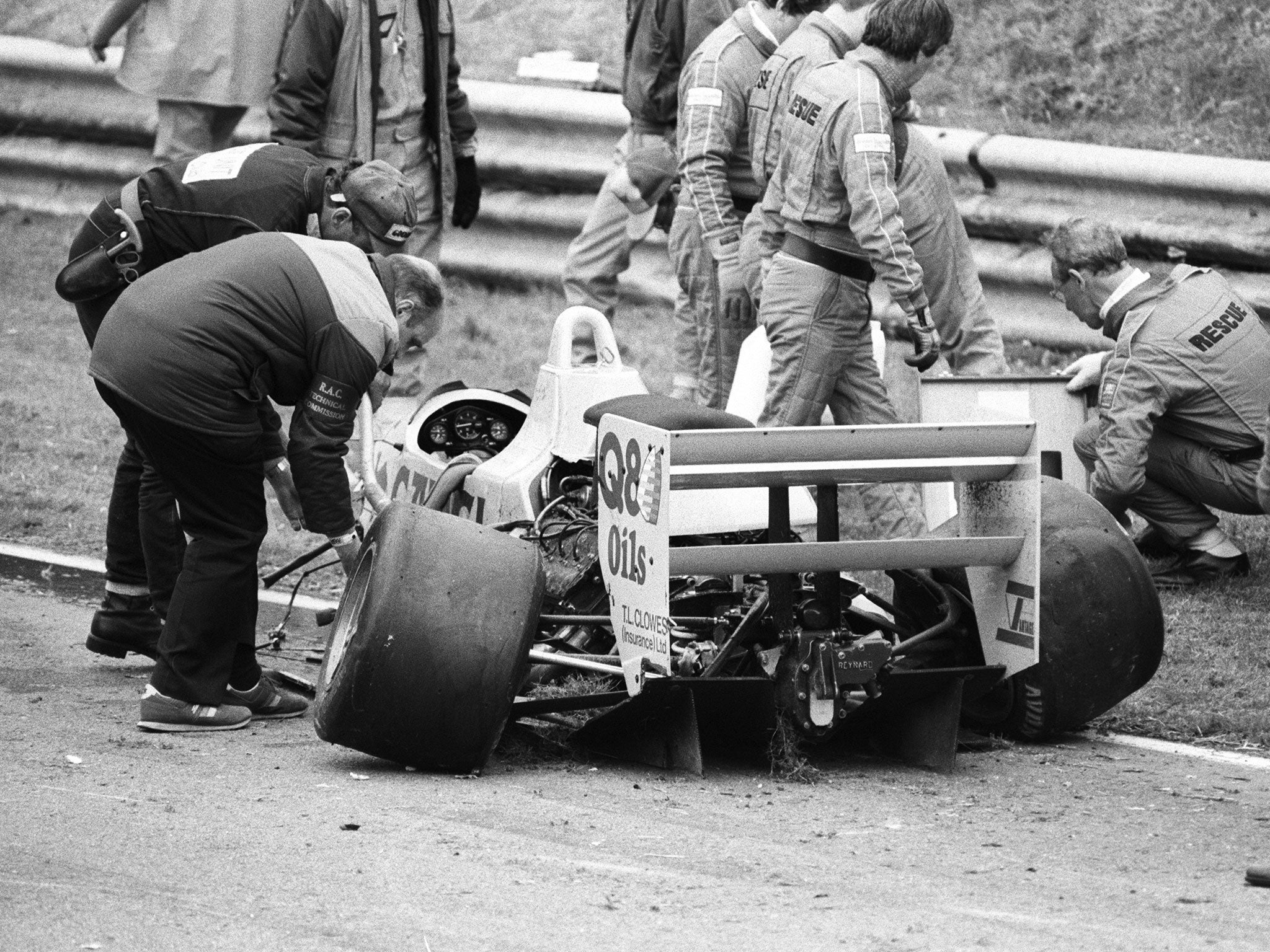 Johnny Herbert's wrecked Formula 3000 after his crash at Brands Hatch