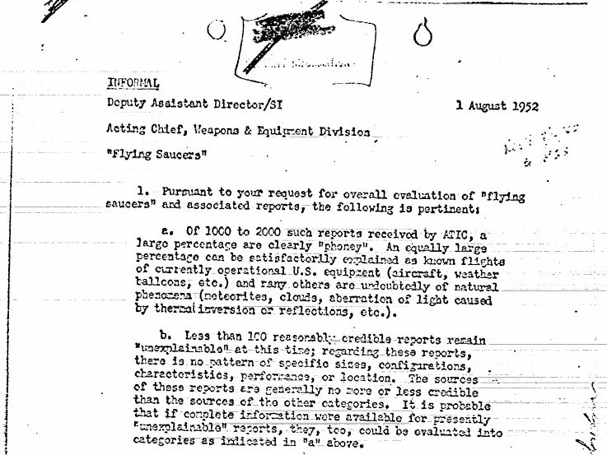 A 1952 report which said most UFO sightings are 'phoney'