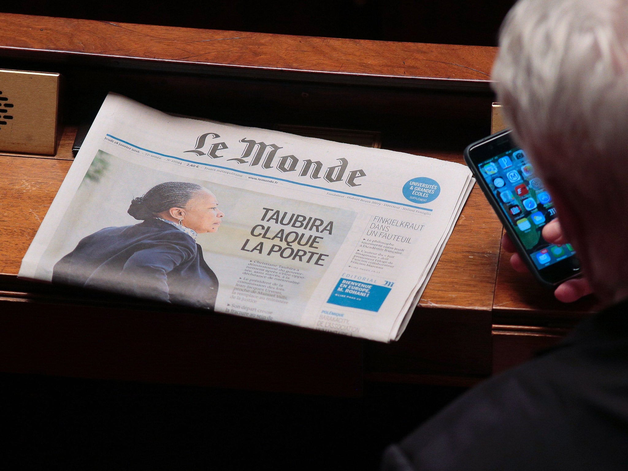 &#13;
The headline of Wednesday's Le Monde reads 'Taubira slams the door' (AFP)&#13;