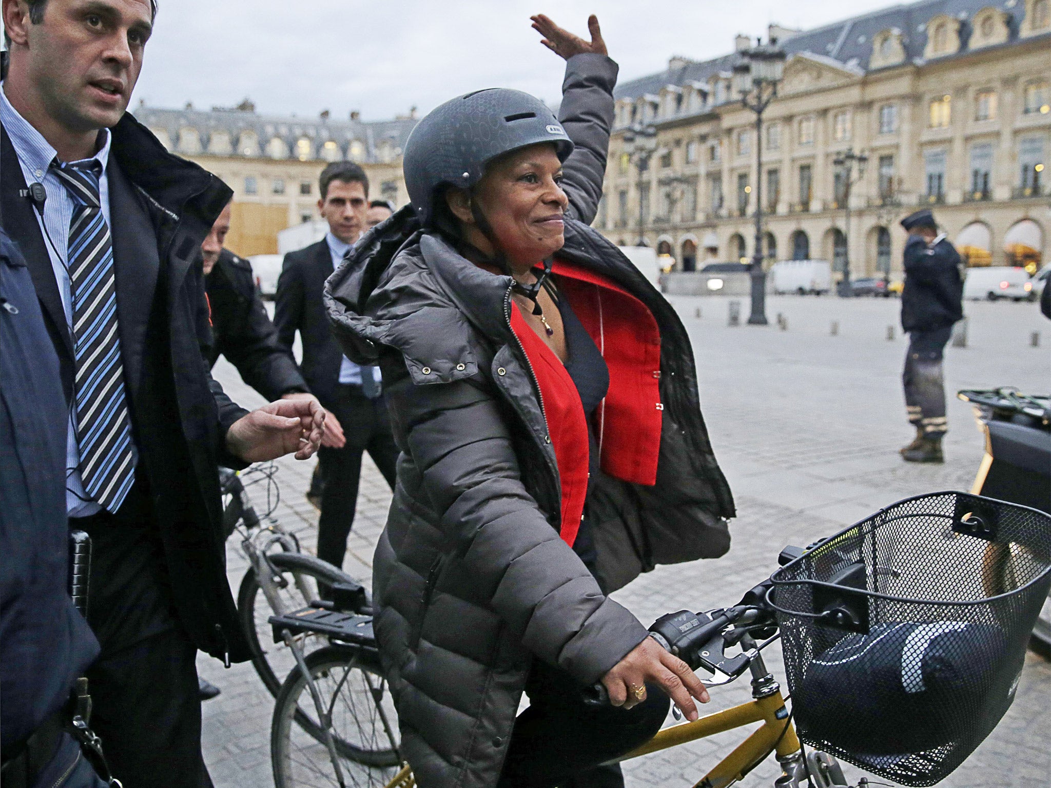 Christiane Taubira leaves the French Justice Ministry yesterday after resigning in protest at the government’s plans to strip citizenship from French-born terrorists with dual nationality