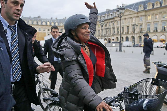 Christiane Taubira leaves the French Justice Ministry yesterday after resigning in protest at the government’s plans to strip citizenship from French-born terrorists with dual nationality