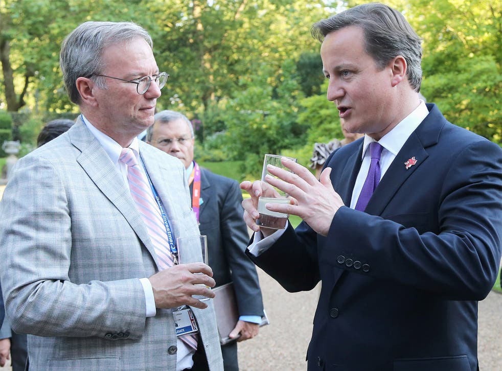 David Cameron, pictured here with Google’s former CEO Eric Schmidt, is accused of cosying up to the tech giant