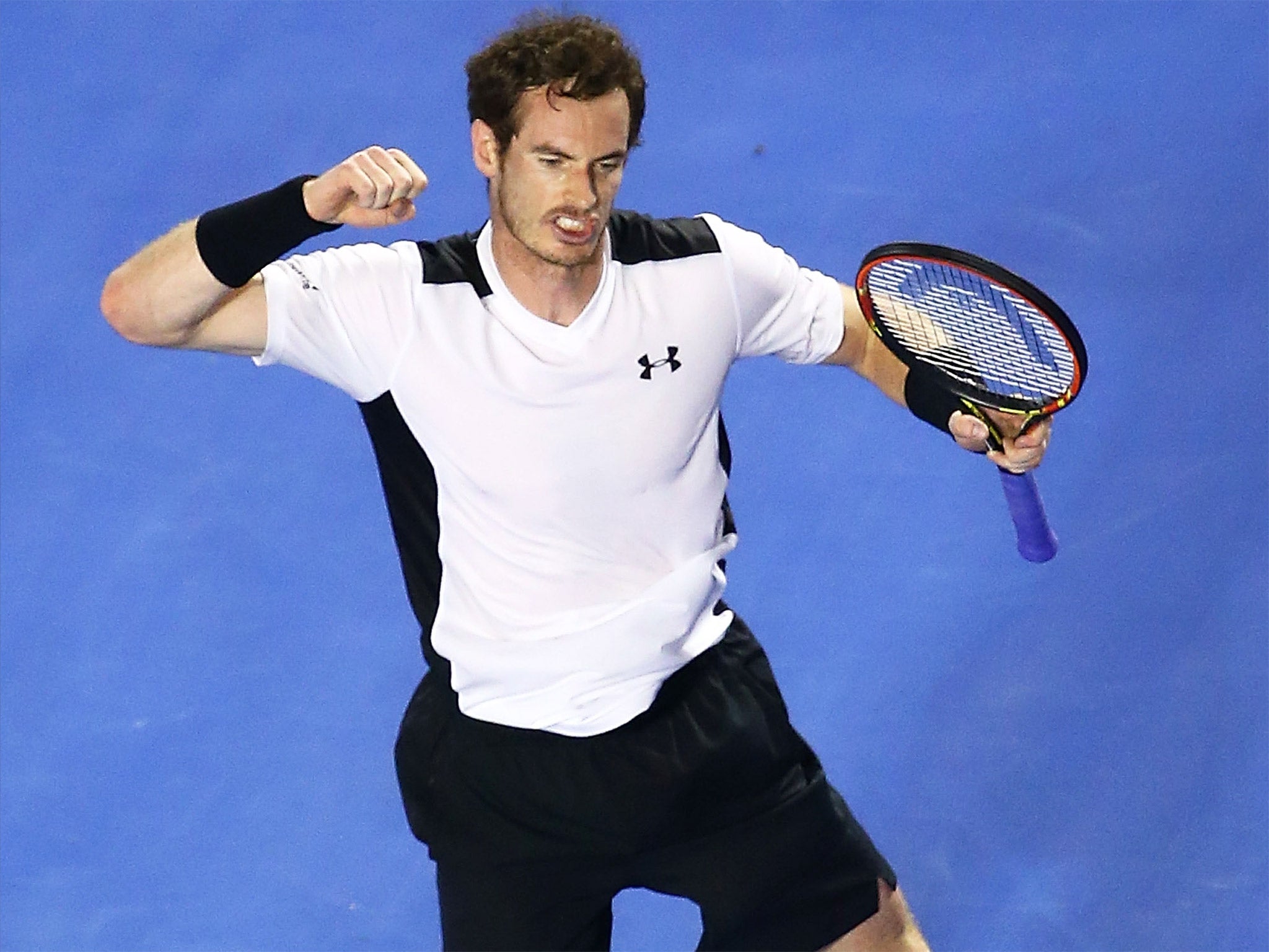 Andy Murray celebrates winning his quarter-final against David Ferrer
