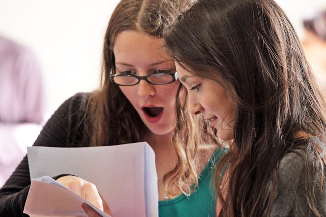 Students react after receiving their A-level results