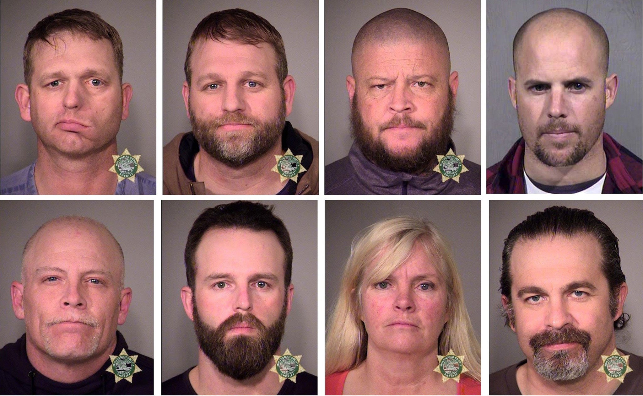 Clockwise from top left: Ryan Bundy, Ammon Bundy, Brian Cavalier, Jon Tizheimer, Peter Santilli, Shawna Cox, Ryan Payne and Joseph O'Shaughnessy