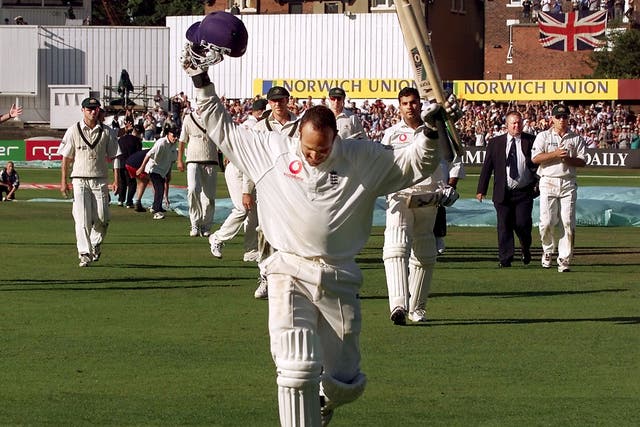 England batsman Mark Butcher runs from the field after steering England to victory over Australia with an innings of 173 not out on the final day of the fourth Test in 2001